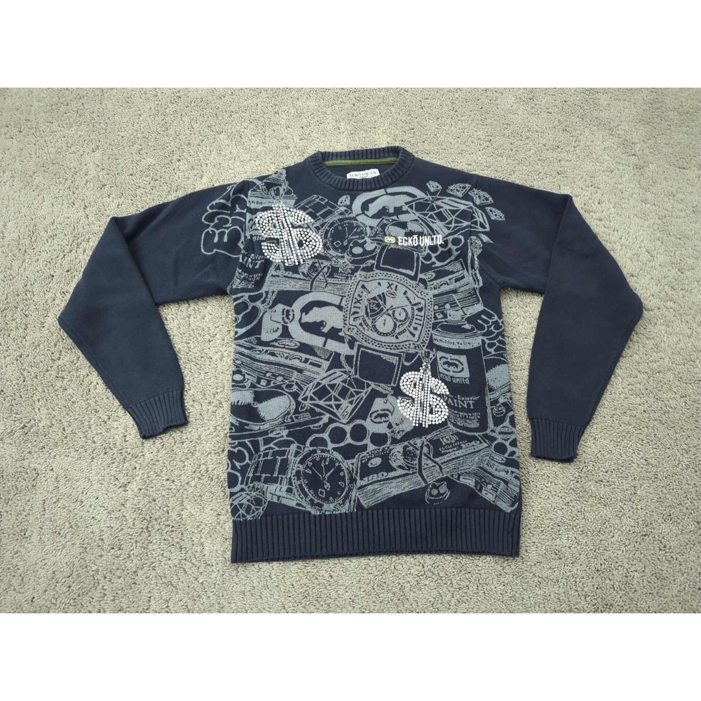 Ecko Unltd Sweater Mens M Blue Crewneck Dollar Bling Bling Luxury Y2k Streetwear